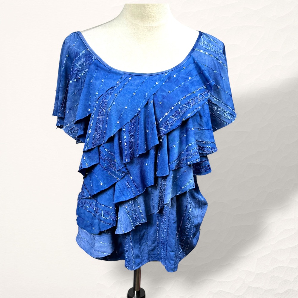 Simplicity by Azul Ruffle Top Women Large Blue Boho Sequin‎ Tie Dye Layered